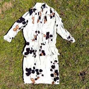 GANNI white and brown floral crepe peplum mini dress 36 / S